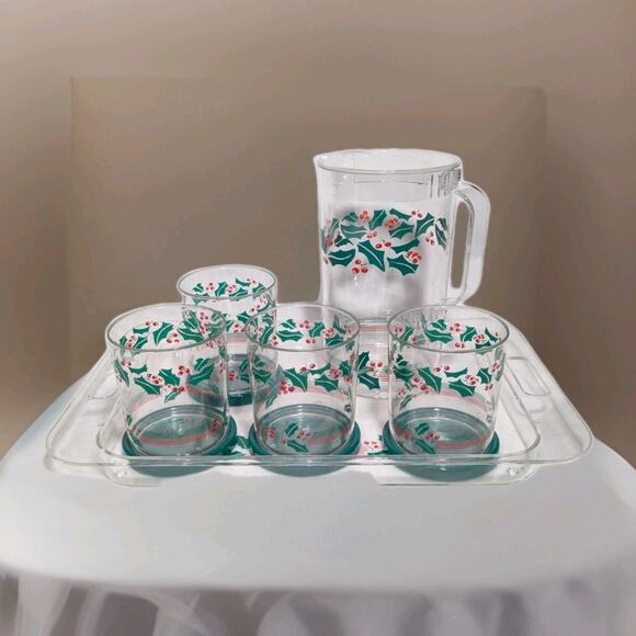 Vtg 11 Piece Acrylic Serving Set Tray Pitcher Cups Christmas Holly Leaves NOS - Picture 2 of 13